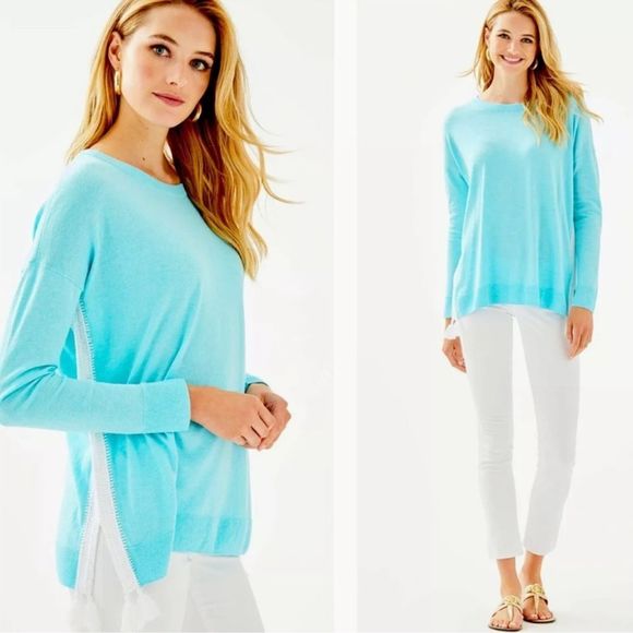 NWOT Lilly Pulitzer Damara Coolmax Crochet/Tassel Details Sweater Turquoise Sz M - Picture 2 of 16